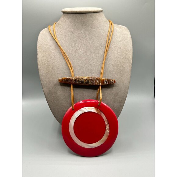 Oversized Red Statement Necklace Big Round Pendant with Mother of Pearl & Horn - Picture 11 of 11